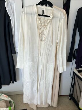 Women’s Cream Lace-Up Long Sleeve Dress cotton